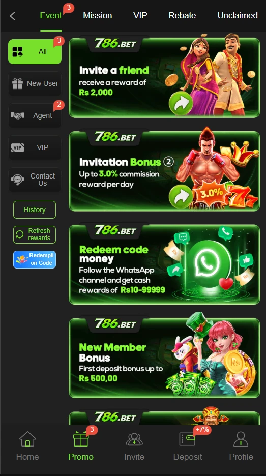 786 Bet Game Bonuses and rewards